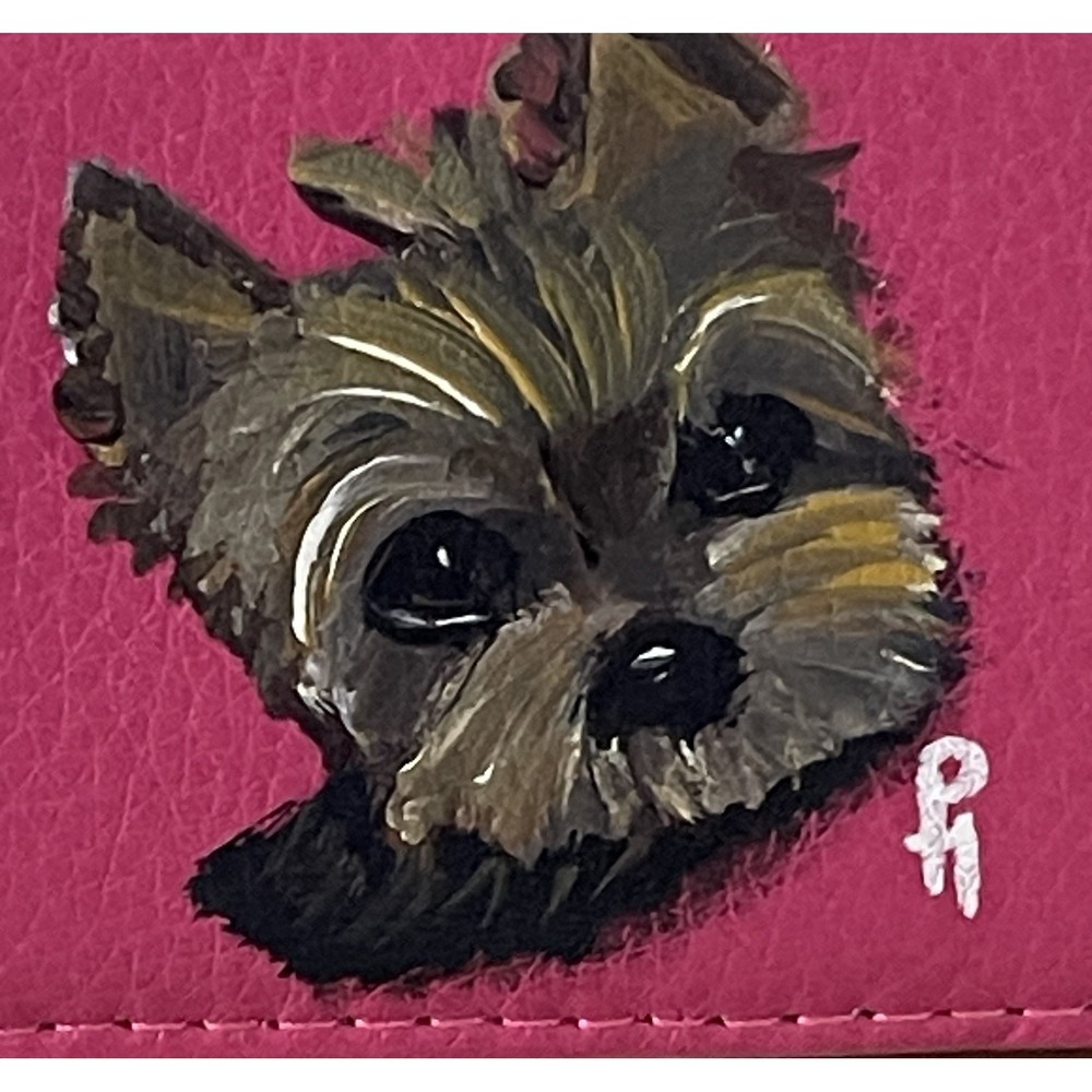 Artist Painted Yorkie Puppy Card Holder Pink Faux Leather Compact Gift Magnetic